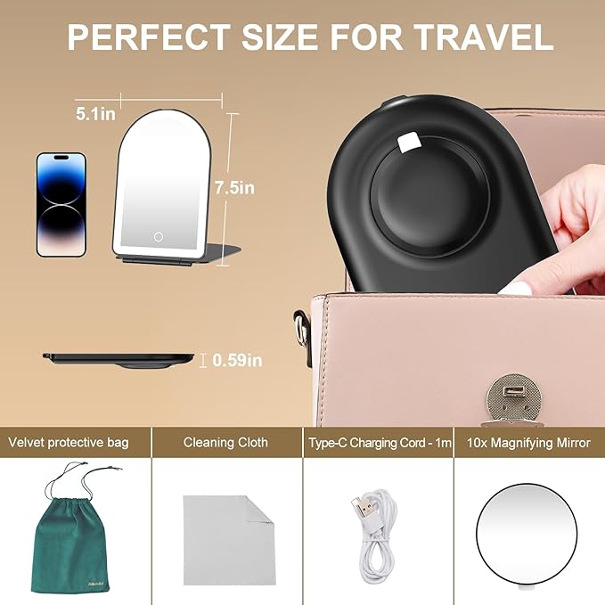 Mocado Travel Makeup Mirror with Light, 1x/10x Magnifying Mirror with Light, 3 Colors Lighted Magnifying Mirror, 2000mAh Rechargeable Lighted Makeup Mirror, Memory Function (Arched-Black)
