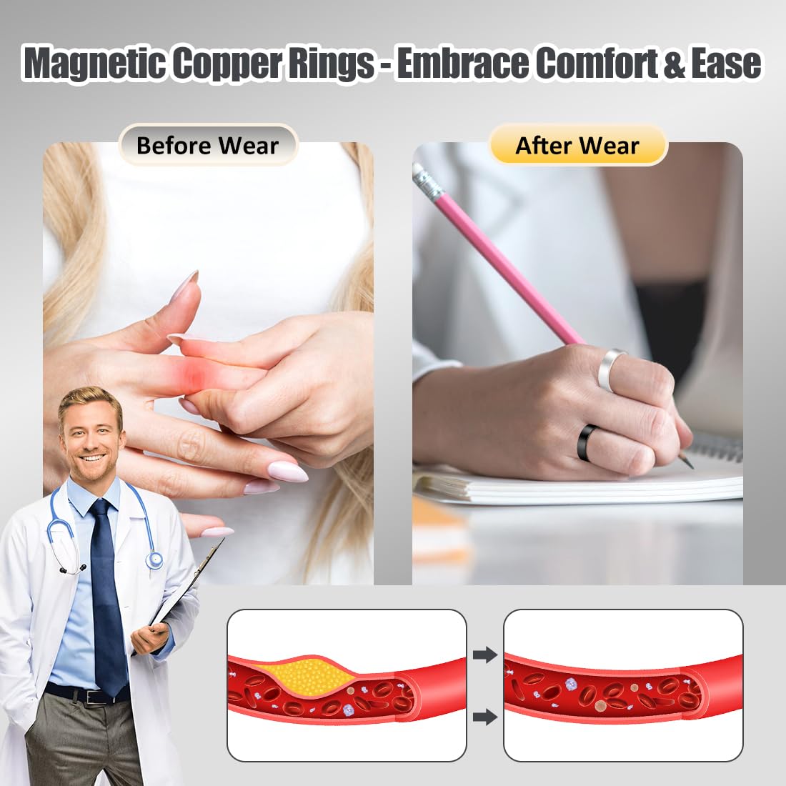 Vicmag 2PCS Magnetic Copper Rings for Women & Men,99.99% Pure Copper Ring with 9X Magnets Gift Adjustable(9X Black & Silver)