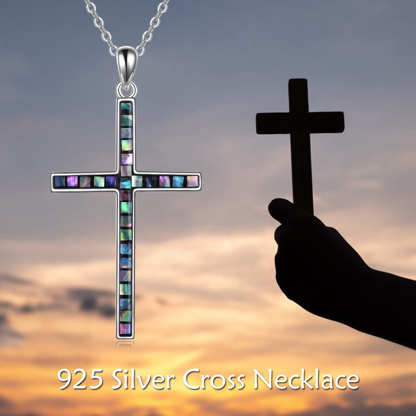 YFN Cross Necklace Sterling Silver Abalone Shell Cross Pendant Thin Cross Jewelry Gifts for Women Men