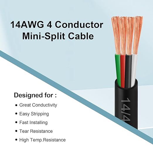 MOOKEERF 14/4 AWG Mini-Split Cable - 75FT 14 AWG 4 Conductor Control Cable 300V Stranded Oxygen-Free Pure Copper Wire for Mini Split Air Conditioner,Heat Pump,HVAC Systems and Speaker Systems