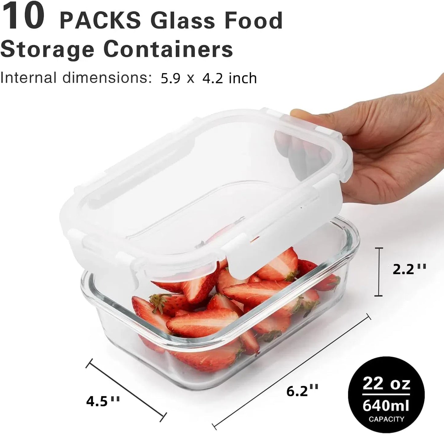 Cuiselect 10 Pack 22 Oz Glass Meal Prep Containers with Lids, Reusable Glass Food Storage Containers with Lids, Leak Proof, Microwave, Oven, Freezer and Dishwasher Safe (White)