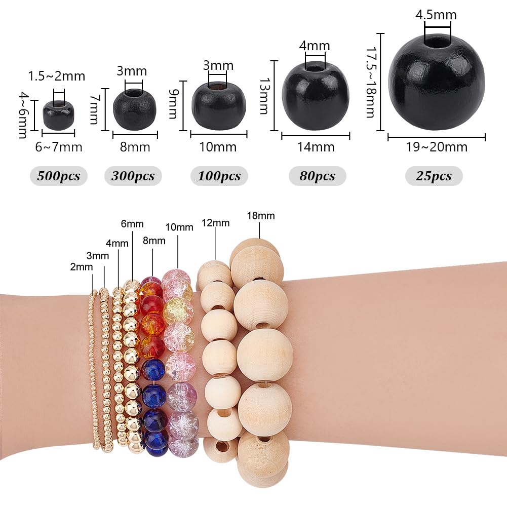 PH Pandahall 1005Pcs 5 Sizes Black Wooden Beads Tiny Painted Wood Beads 6/8/10/14/20mm Macrame Bead Round Spacer Bead for Bracelets Crafts Macrame Christmas Tree Party Decor