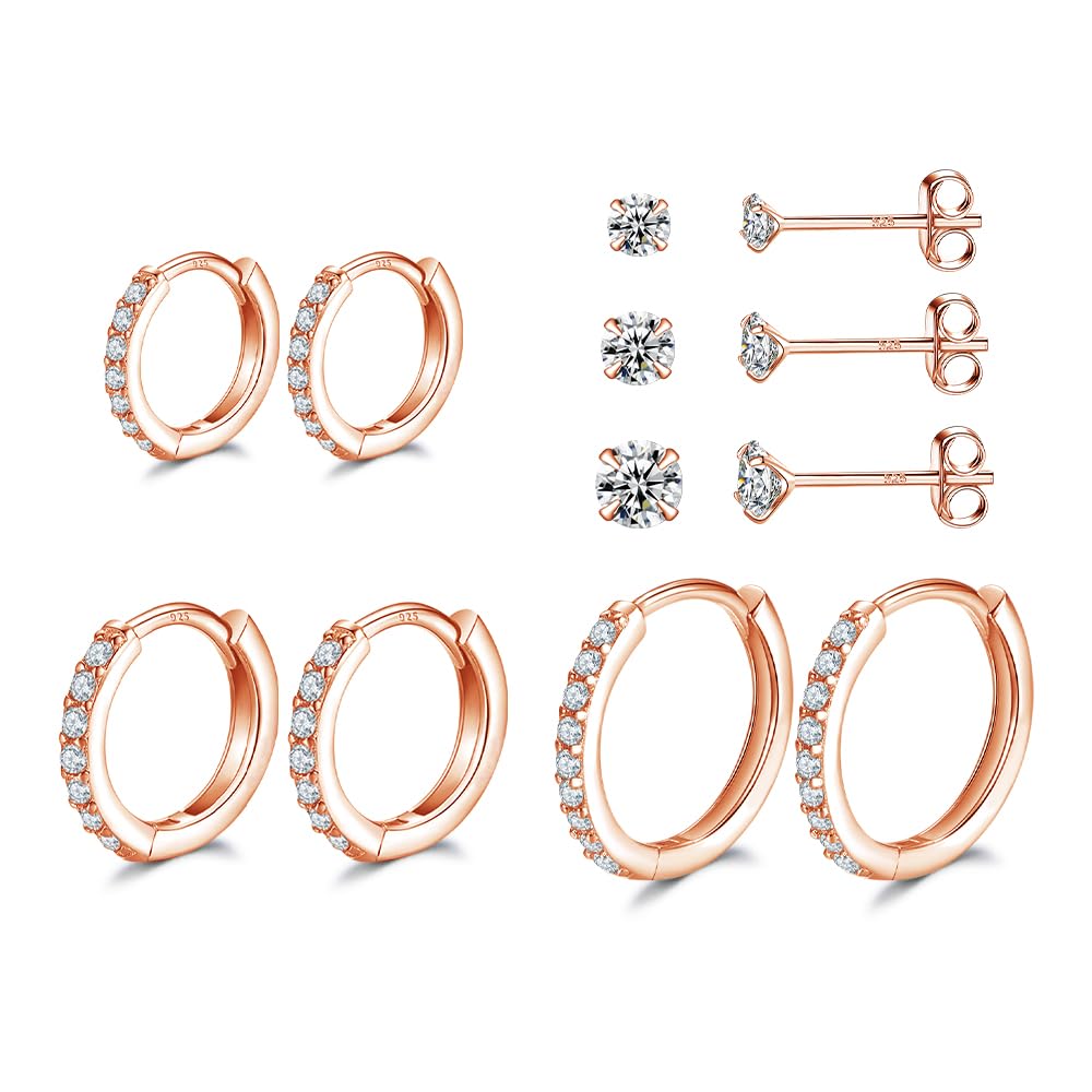 Rose Gold Hoop Earrings Sterling Silver Stud Earrings for Women 6 Pairs Hypoallergenic Tiny Cubic Zirconia Stud Set Cartilage Earring Hoops 8mm 10mm 12mm