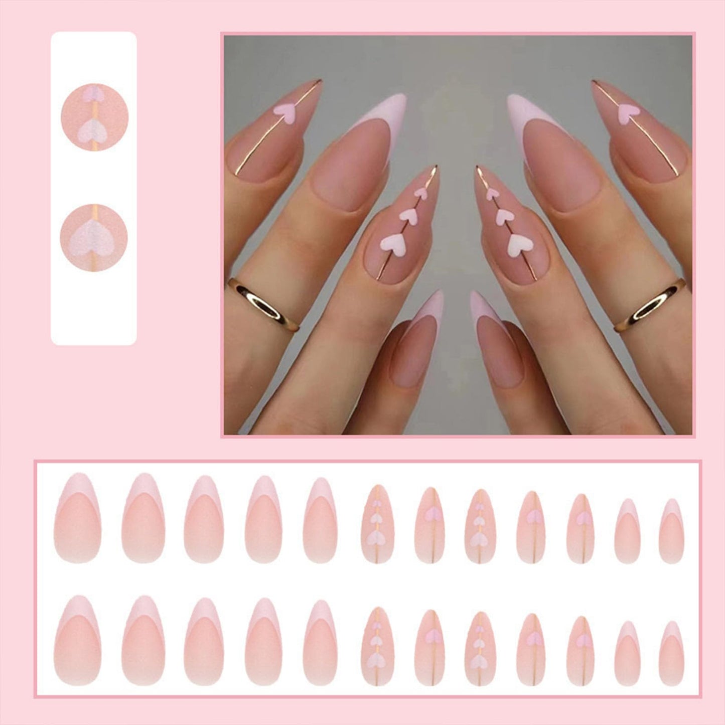 TOGZOM French Tip Heart Almond Press On Nails, 24 Pieces, Pink Heart Design, Glue On Nails, Medium Coverage, Matte Finish ABS Plastic, DIY Salon-Quality Manicure