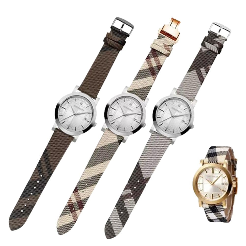 Compatible Watch Strap for Burberry, 14mm/16mm/18mm/20mm/22mm, Genuine Leather Replacement Band, Soft Breathable Fabric with Leather Lining, Free Installation Tool Kit (Beige, 14mm)