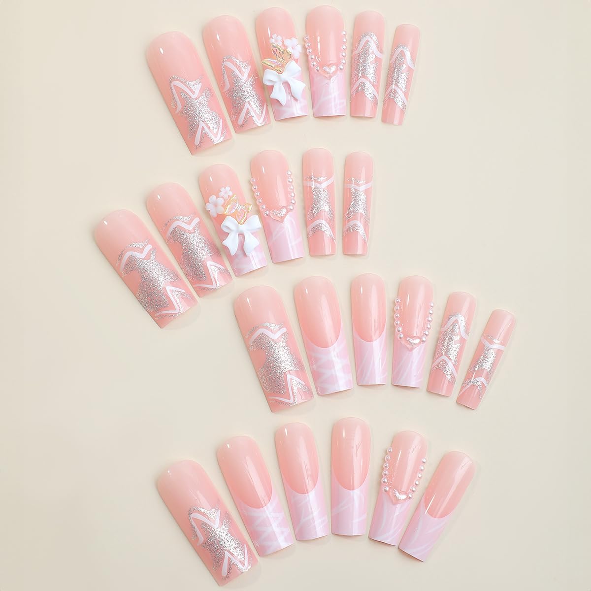 SUMINGGO 24Pcs Press on Nails Medium Almond - Fake Nails With Designs Full Cover With Glue Press ons Reusable Artificial Stick on Nails for Women (Pink Bowknot)