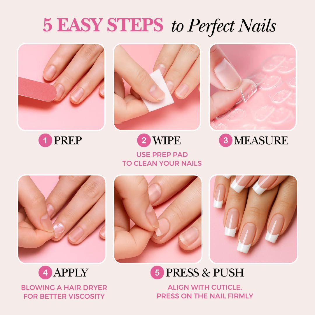 PerfectLook Press On Nails - Silk Glow | No Glue Short Almond French Tip Nails with Gold Line, Nude Glossy Nails - 24 Pcs Nail Kit with Adhesive Tabs