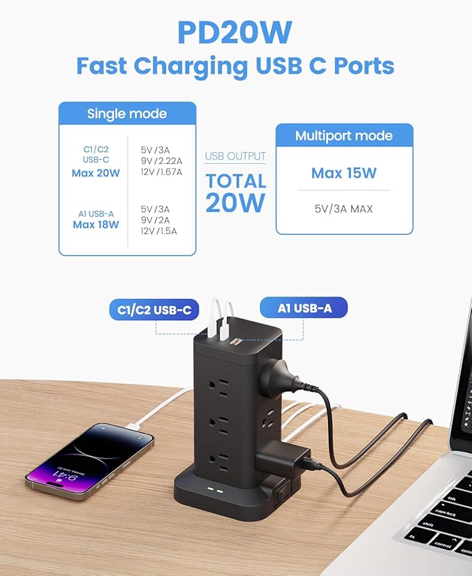 Power Strip Tower with Surge Protector 1800J, Fast Charging Tower PD20W USB-C Ports with 12 AC Outlets, 10ft Extension Cord for Home Office Dorm Room, Black