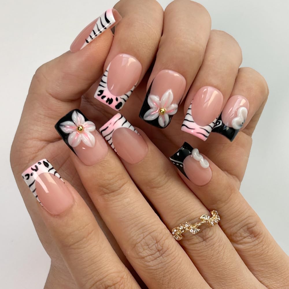 MAGLFELL Press On Nails Handmade Square Fake Nails, Painting Black 3D Stripe and Floral Design, Short Square Acrylic Nails, Reusable Artificial 15 Sizes - 30Pcs Stick On Nails Kit for Women