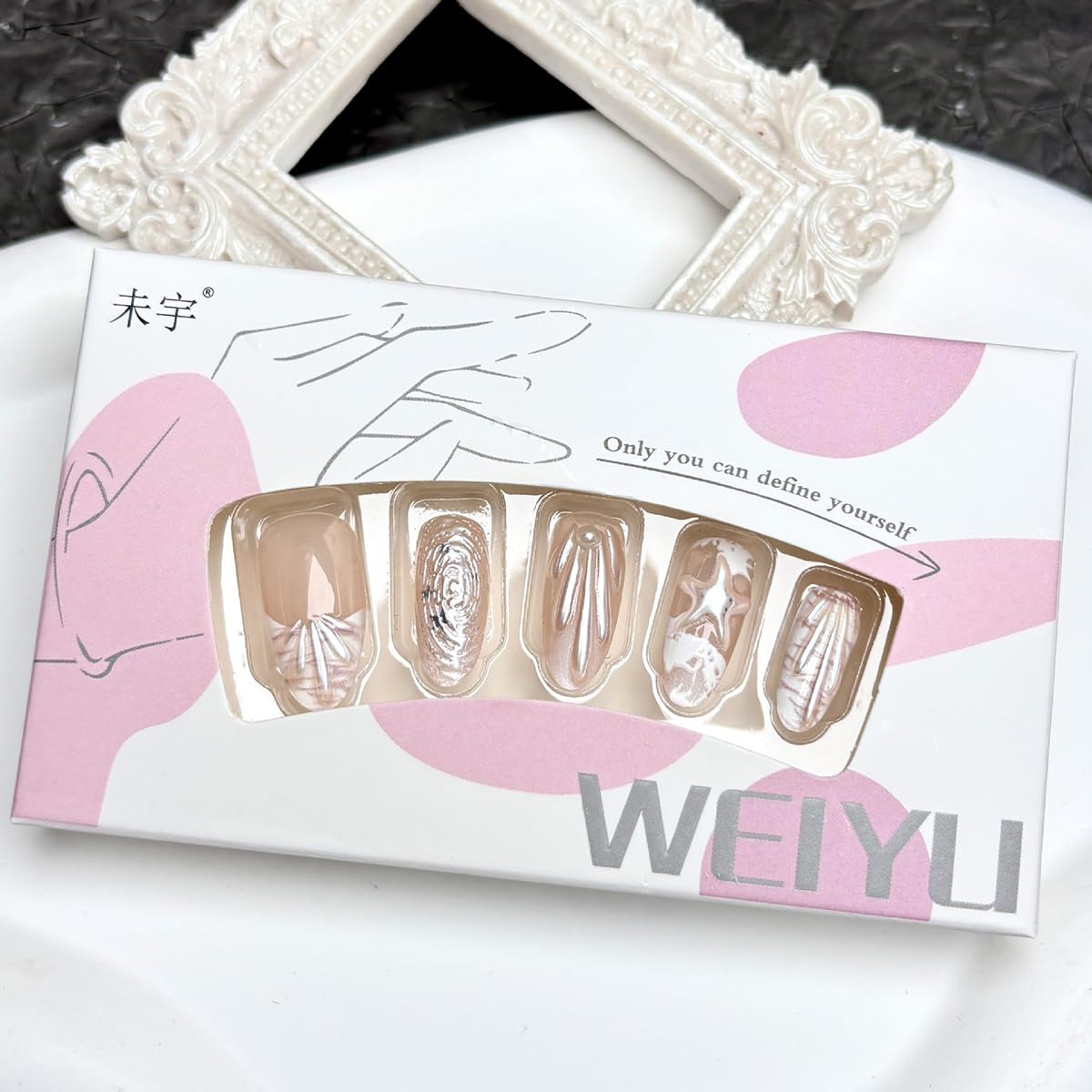 30Pcs Summer Press on Nails Medium Almond Fake Nails with 3D Starfish Water Ripple Designs Ocean Shell French Tip False Nails White Sea Wave Acrylic Nails Beach Vacation Stick on Nails for Women Girls