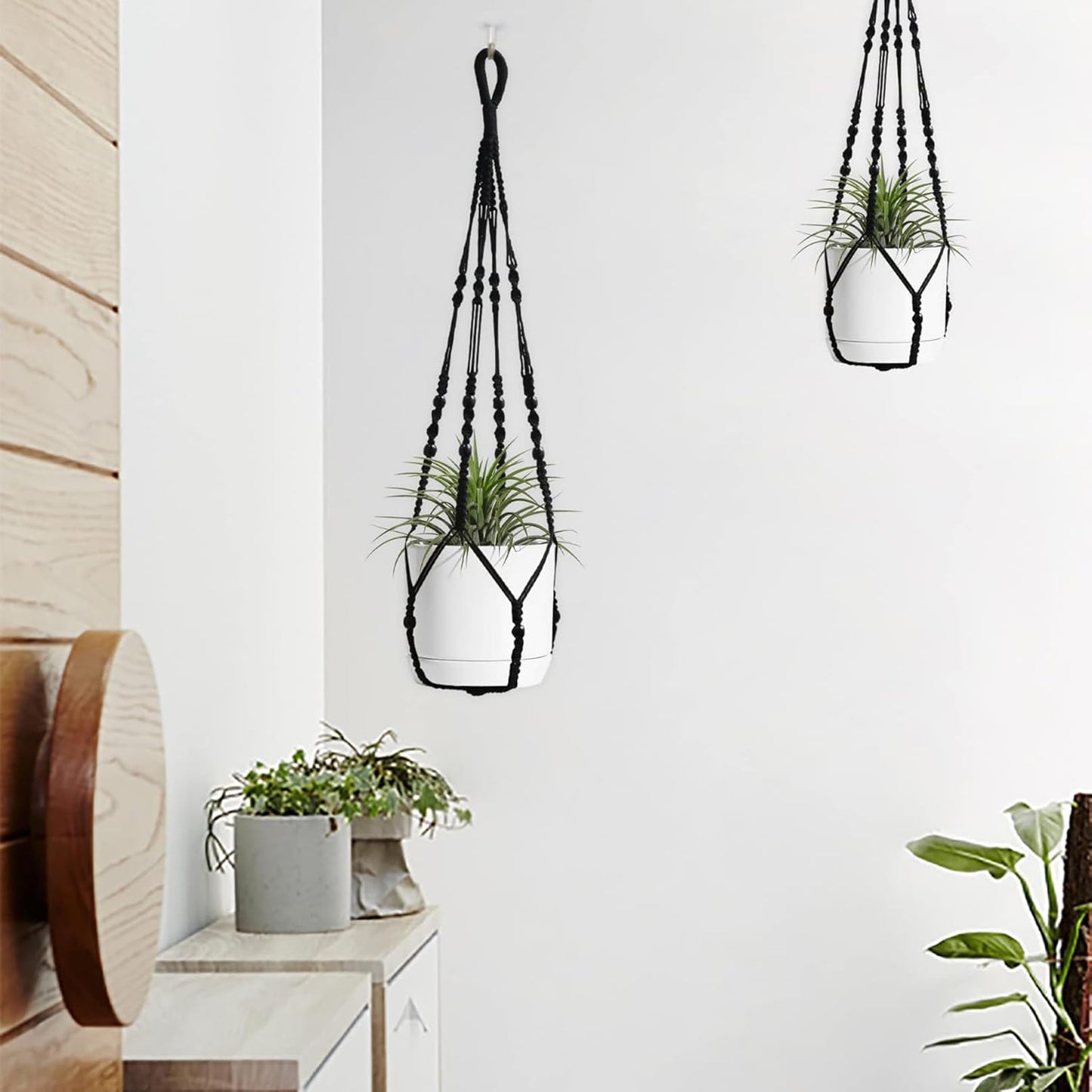 AKEIE Macrame Plant Hanger 3 Pack Indoor & Outdoor Wall Hanging Planter + 3 Hooks Hanging Planters Basket Cotton Rope 35 Inch with Beaded and Non-Tassel Planter Durable(Black)