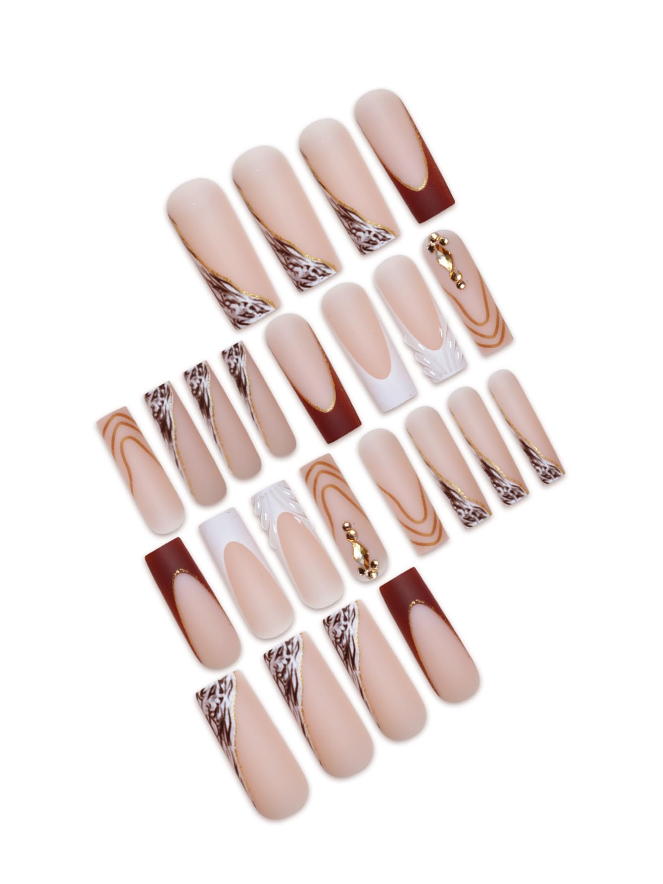 Long Square Press on Nails French Tip Fake Nails Brown Fall False Nails Press ons Gold Line Acrylic Nails Matte Finish Stick on Nails for Women Manicure 24Pcs