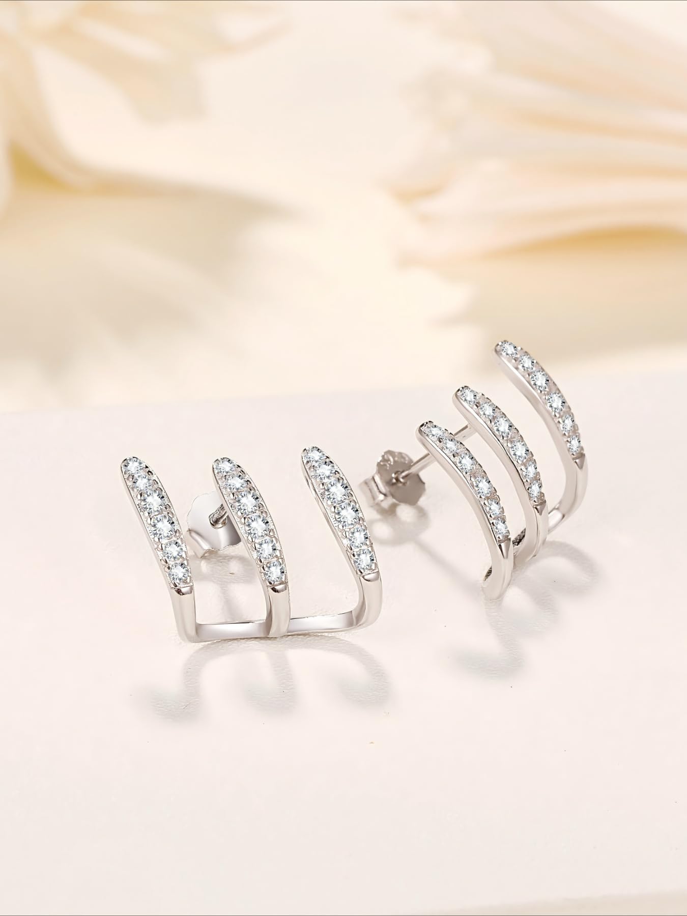 925 Sterling Silver Segment Triple Claw Curved Cubic Zirconia Earrings, Silver Hoop Earrings Stud Huggie Cuff Earrings