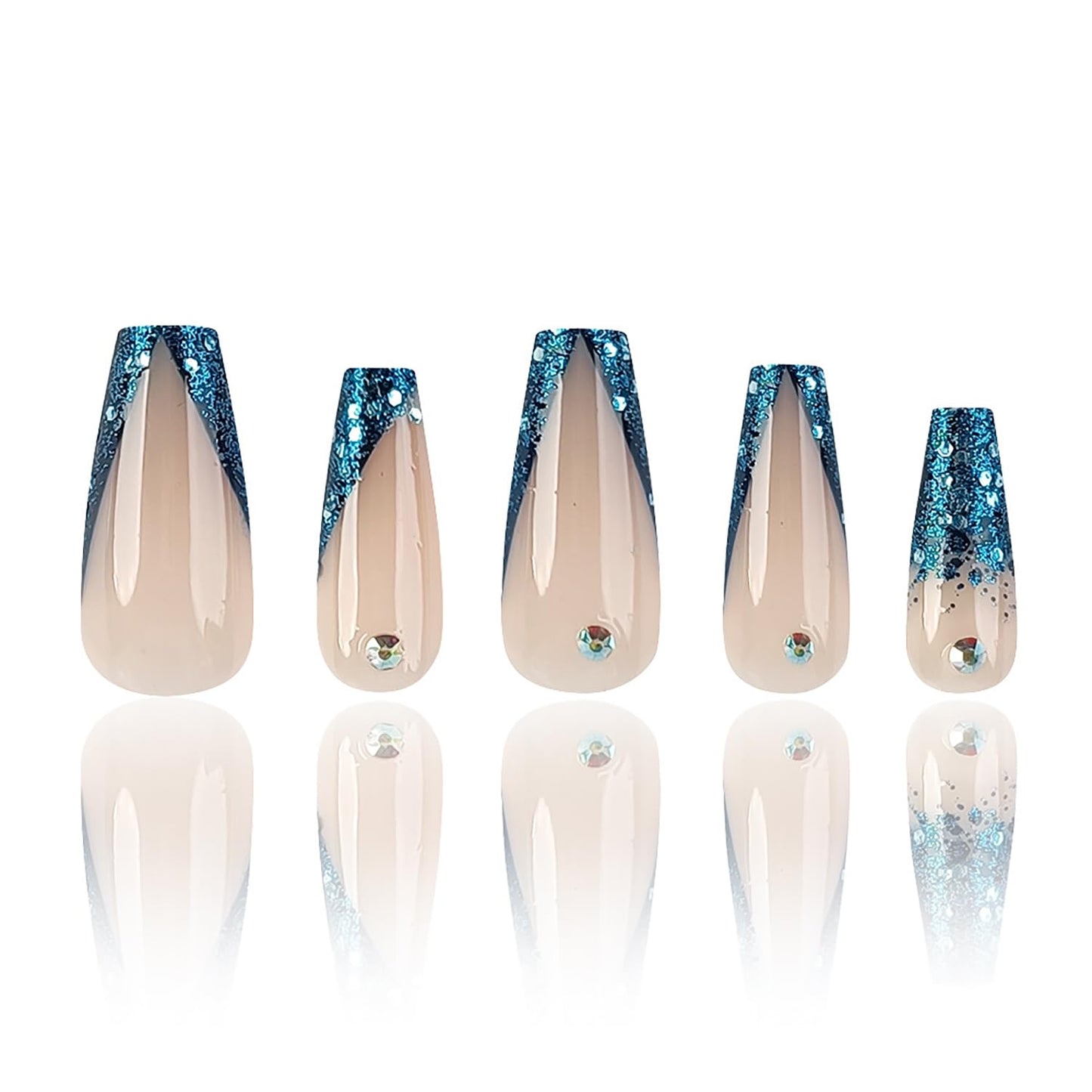 Press On Ballet Shaped Artificial Acrylic Nails - Shine Rhinestones & Blue Sequins Design - Nude French Fake Coffin Nails - Full Cover Reusable Glue On Nails for Women - 24Pcs
