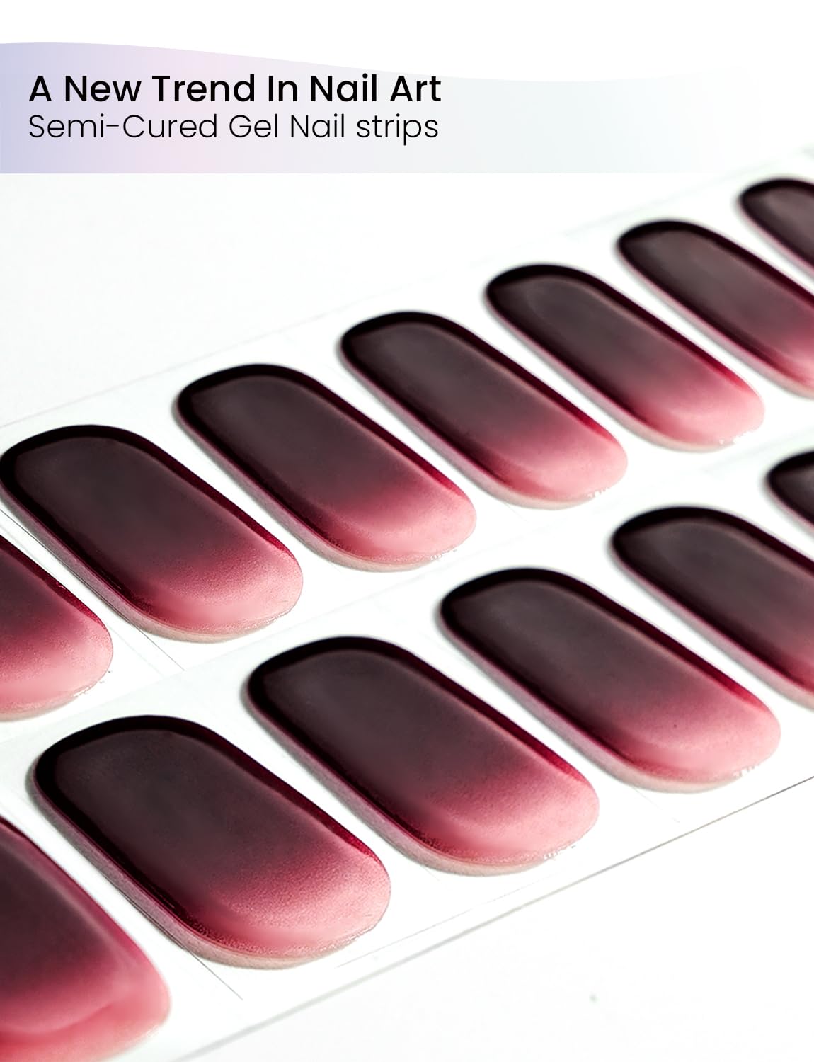 Oauee Semi Cured Gel Nail Strips | Built-In Gel Top Coat | UV Light Required | Salon Quality, Easy Application And Removal (Red wine color & nude pink gradient）