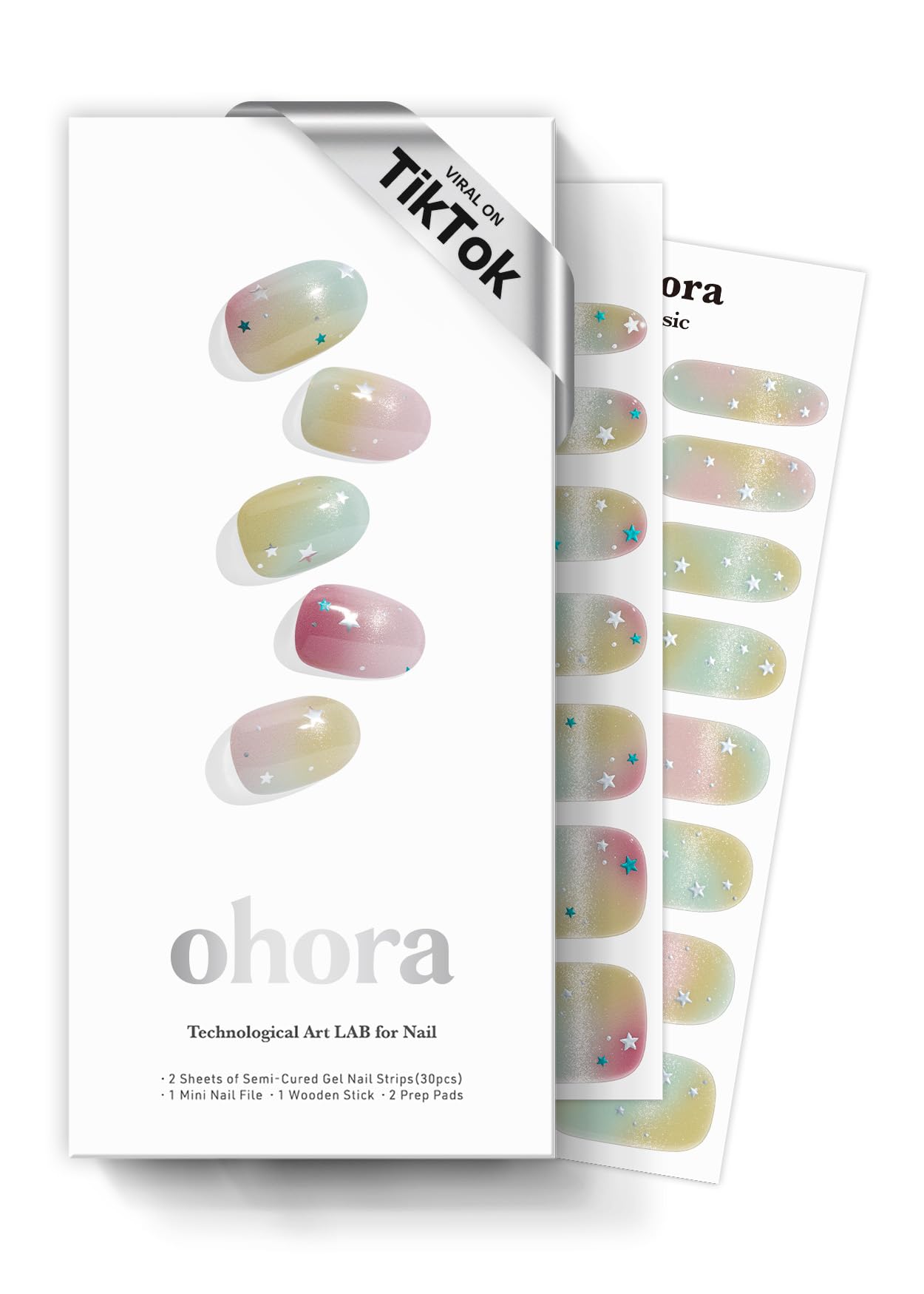 ohora Semi Cured Gel Nail Strips (N Starry Pop) - Works with Any Lamps, Salon-Quality, Long Lasting, Easy to Apply & Remove - Includes 2 Prep Pads, Nail File & Wooden Stick