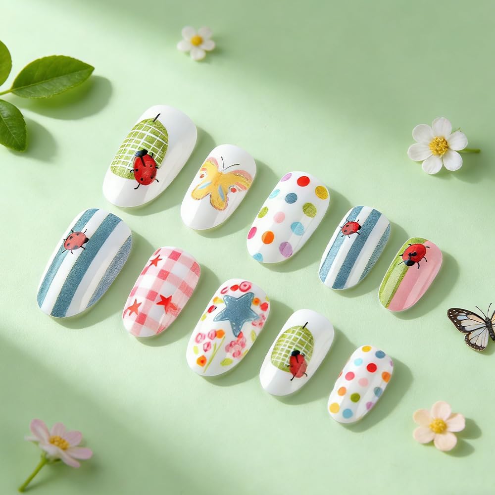 24Pcs Summer Press on Nails Short Oval Fake Nails QUNQINLI False Nails with Colorful Polka Dot Striped Ladybug Designs Acrylic Nails Press ons Full Cover White Glue on Nails Stick on Nail for Women