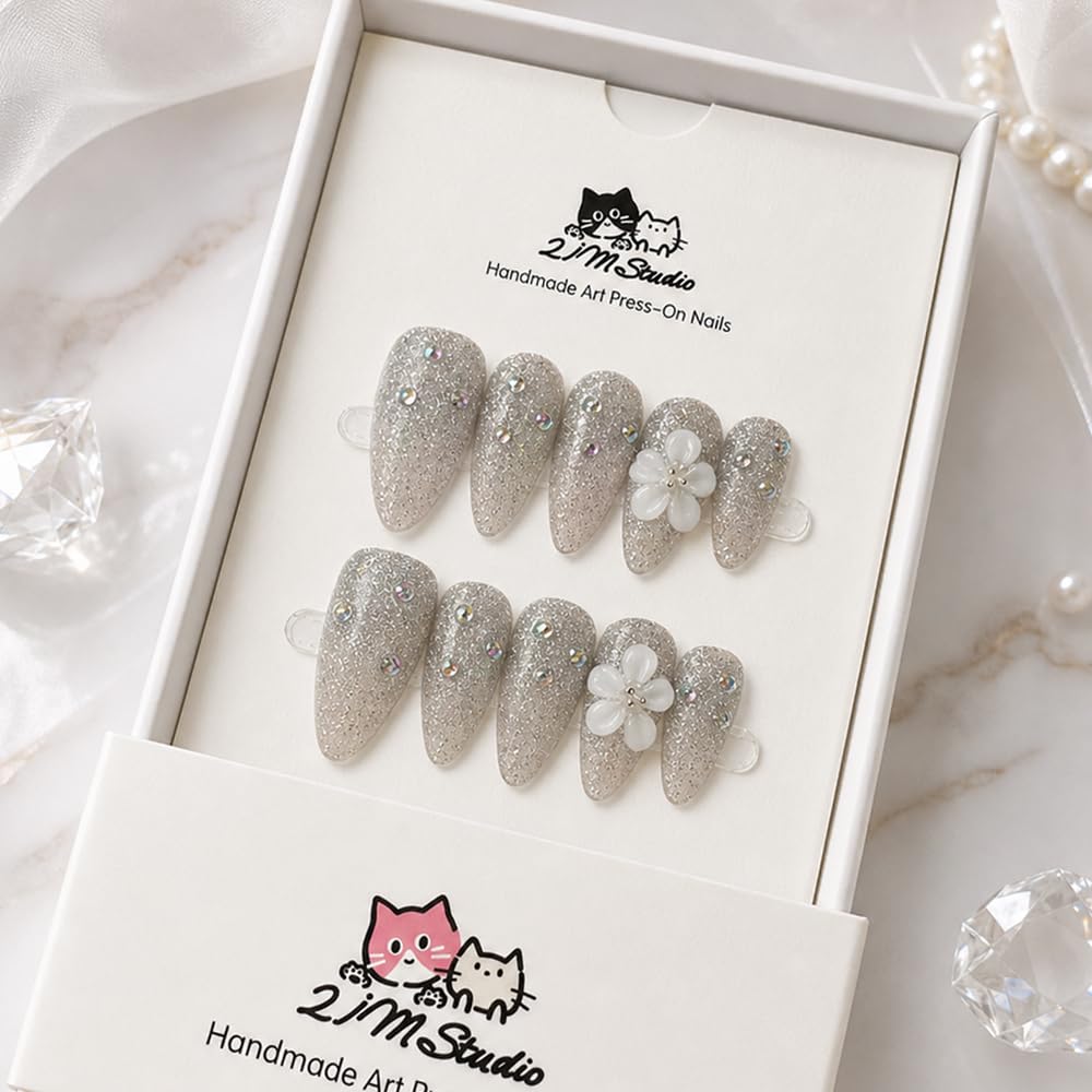 2IM Studio Handmade Press On Nails, Elegant Nude 3D Floral French Tip with Pearl Rhinestones, Almond Medium Length Full Cover Thick Reusable Acrylic Nail Kit for Women 10PCS (Galaxy Aurora-S)