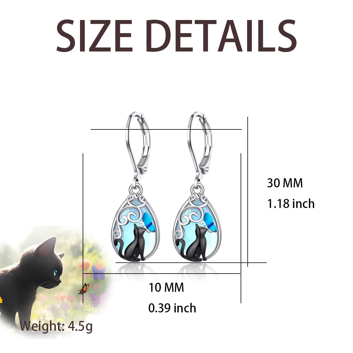HELORET Black Cat Moonstone Dangle Earrings with Butterfly Leverback Design