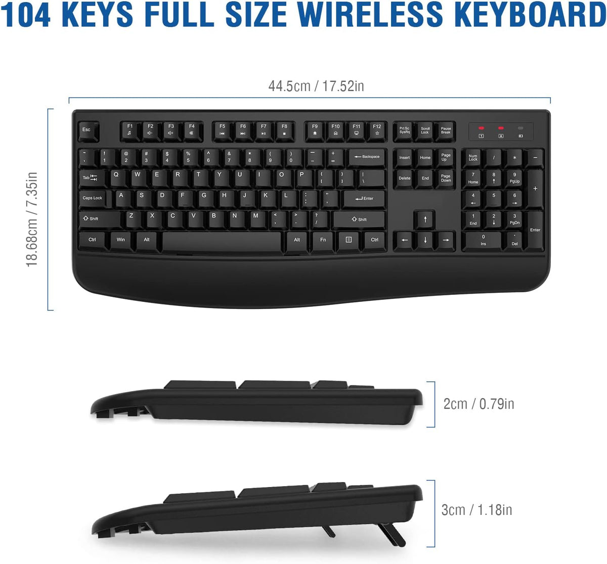 EDJO Wireless Keyboard, 2.4G Ergonomic Full Size Wireless Computer Keyboard with Wrist Rest for Windows, Mac OS Desktop/Laptop/PC（Black）