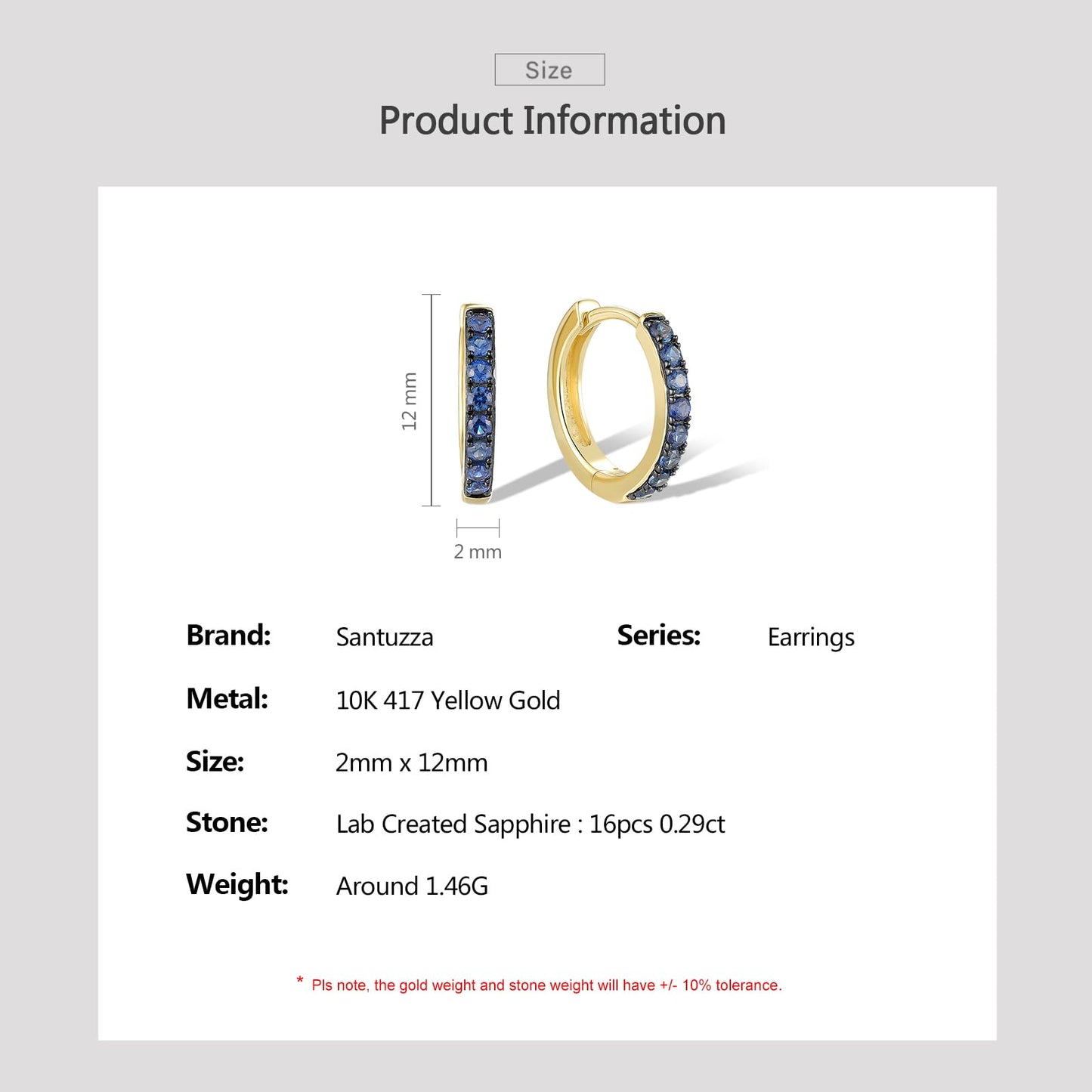 Santuzza 10K Yellow Solid Gold 0.25 ct Sapphire Dainty Huggie Hoop Earrings for Women