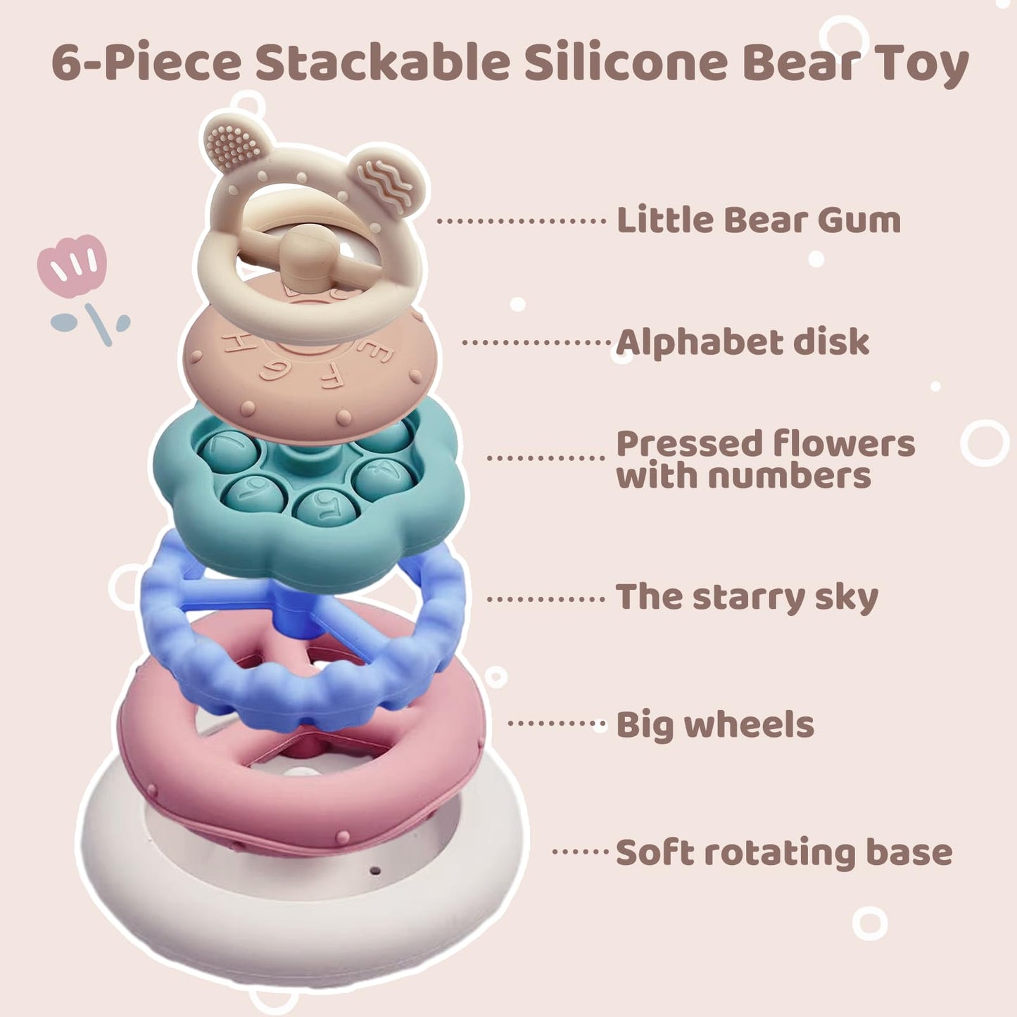CuddleCubs Creations Baby Bear Teething & Stacking Toy Set - Teething Toys Silicone Teethers, Soft Baby Stacker Rings Teether, Learning Toy Gift for Boys and Girls 6+ Months (Beige)