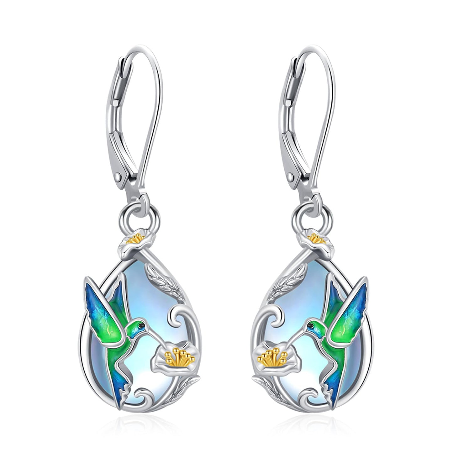 Eusense Sterling Silver Teardrop Moonstone Earrings Delicate Hummingbird Earrings for Women Floral Dangle Design Elegant Vintage Bird Jewelry Gift