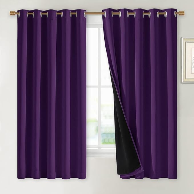 NICETOWN 100% Blackout Curtains with Black Liners, Royal Purple, 2 Panels, 62-inch W by 63-inch L, Thermal Insulated Full Blackout 2-Layer Lined Drapes, Energy Efficiency Window Draperies for Bedroom