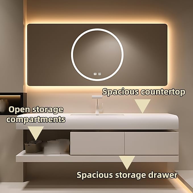 60IN Bathroom Vanity with Sink - Bathroom Cabinet Set has 2 Drawers & Overflow Hole Wall Mounted | LED Practical Defogging Mirror, Open Compartments, Seamless Rock Slab Basin (Khaki)