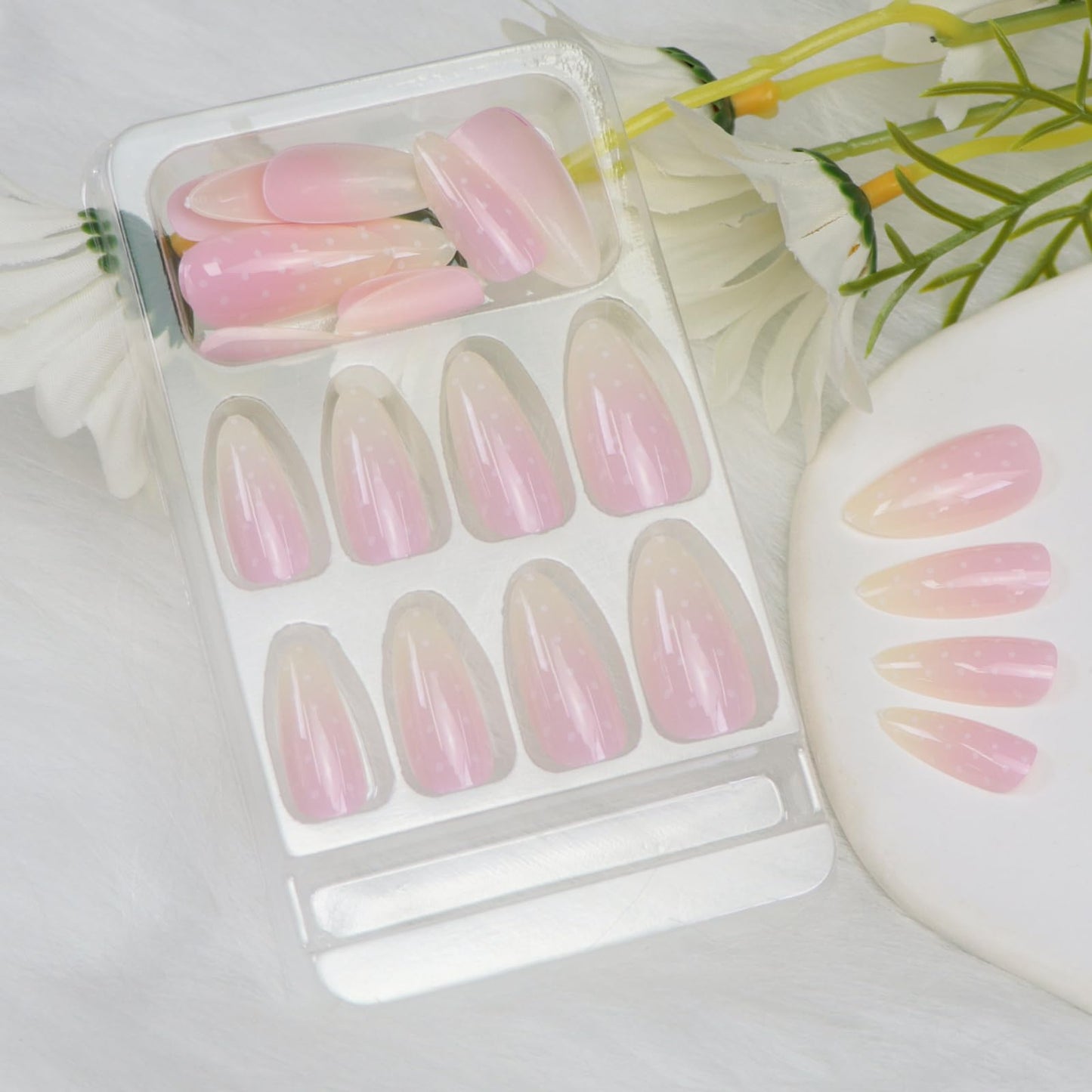 Press on Nails Almond Medium Fake Nails Pink Ombre Nails Press ons Glossy Glue on Nails with White Dot Designs Artificial Stick on Nail for Women 24 Pcs