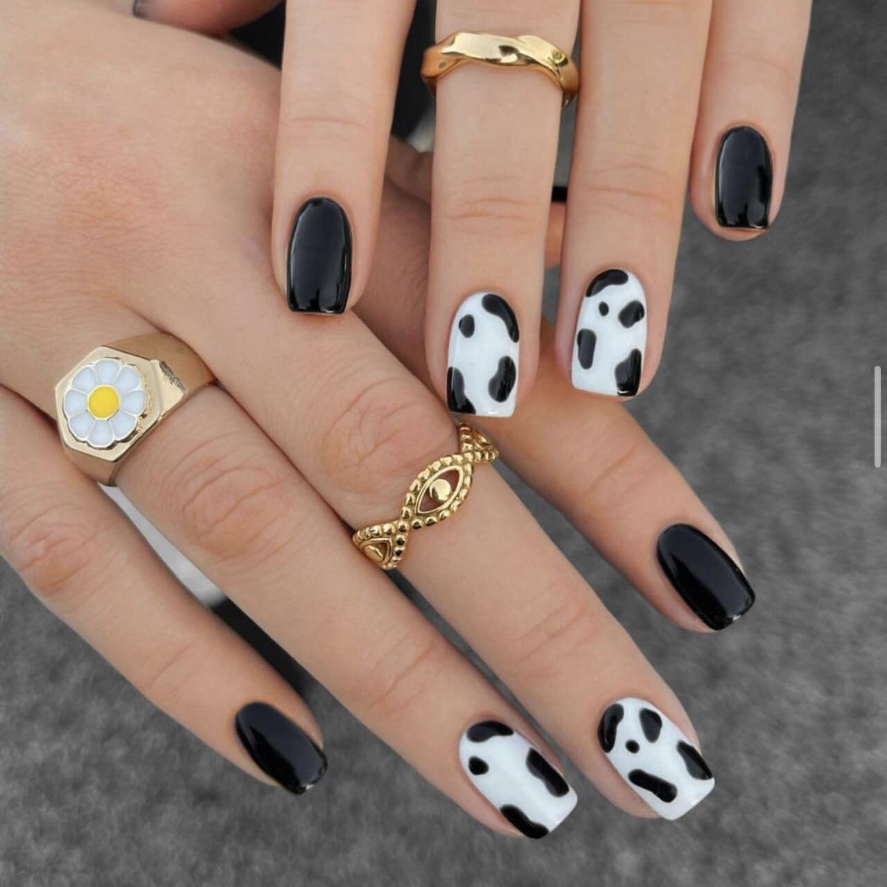 IMSOHOT Glossy Square Press on Nails Short Squoval Cow Print Cute Black False Full Cover Glue on Nails for Women & Girls