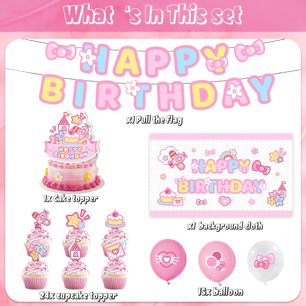42Pack Kitty cat Party decoration pack include Banner,Cake Toppers,Balloons，Blackdrop for Kitty Birthdday Party Decoration