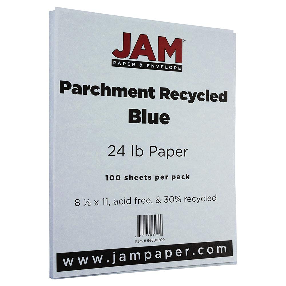 JAM PAPER Parchment 24lb Paper - 90 gsm - 8.5 x 11 - Blue Recycled - 100 Sheets/Pack