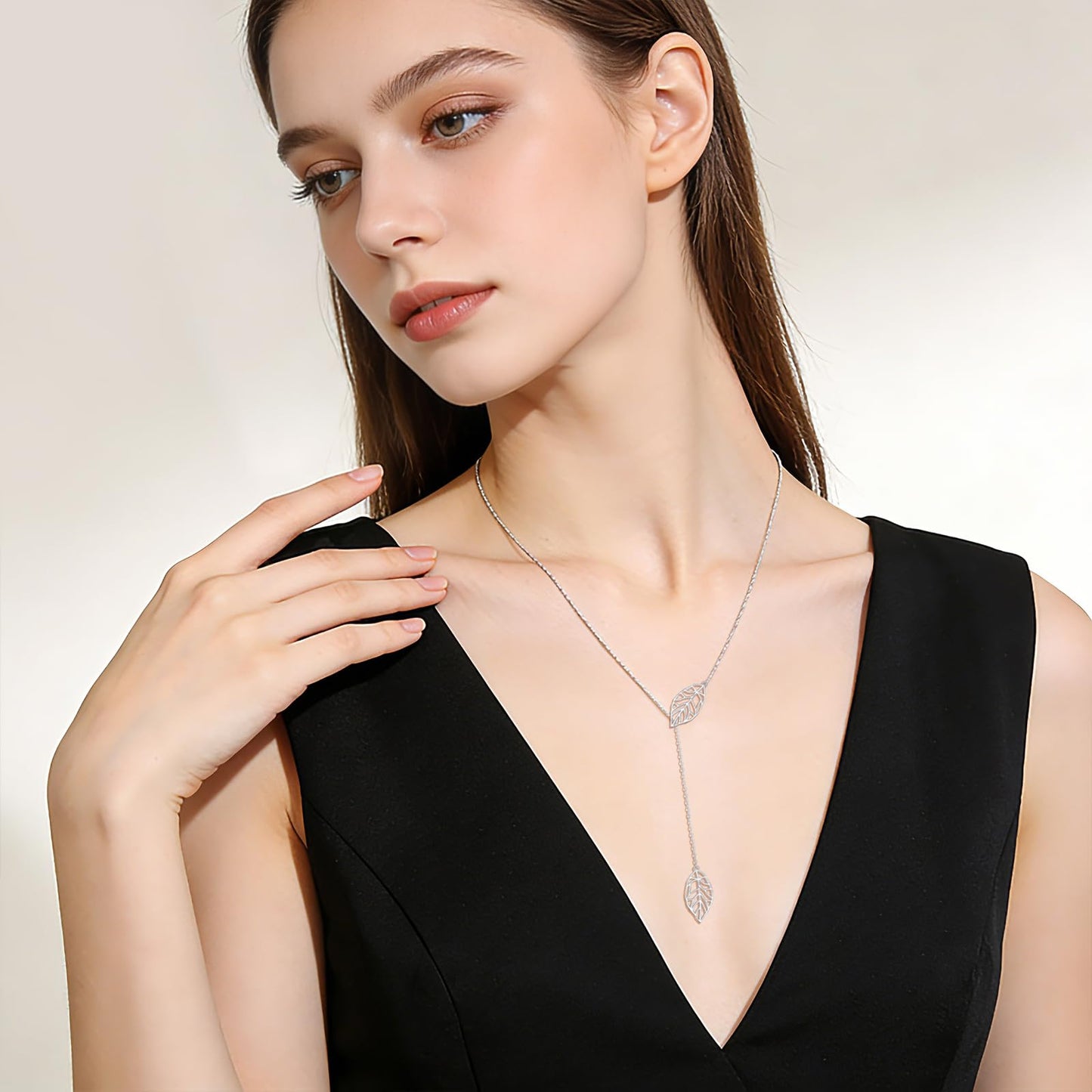 DAOCHONG Long Necklace Sterling Silver Leaf Larait Bar Y Lariat Long Chain Drop Adjustable Necklace for Her, 30"