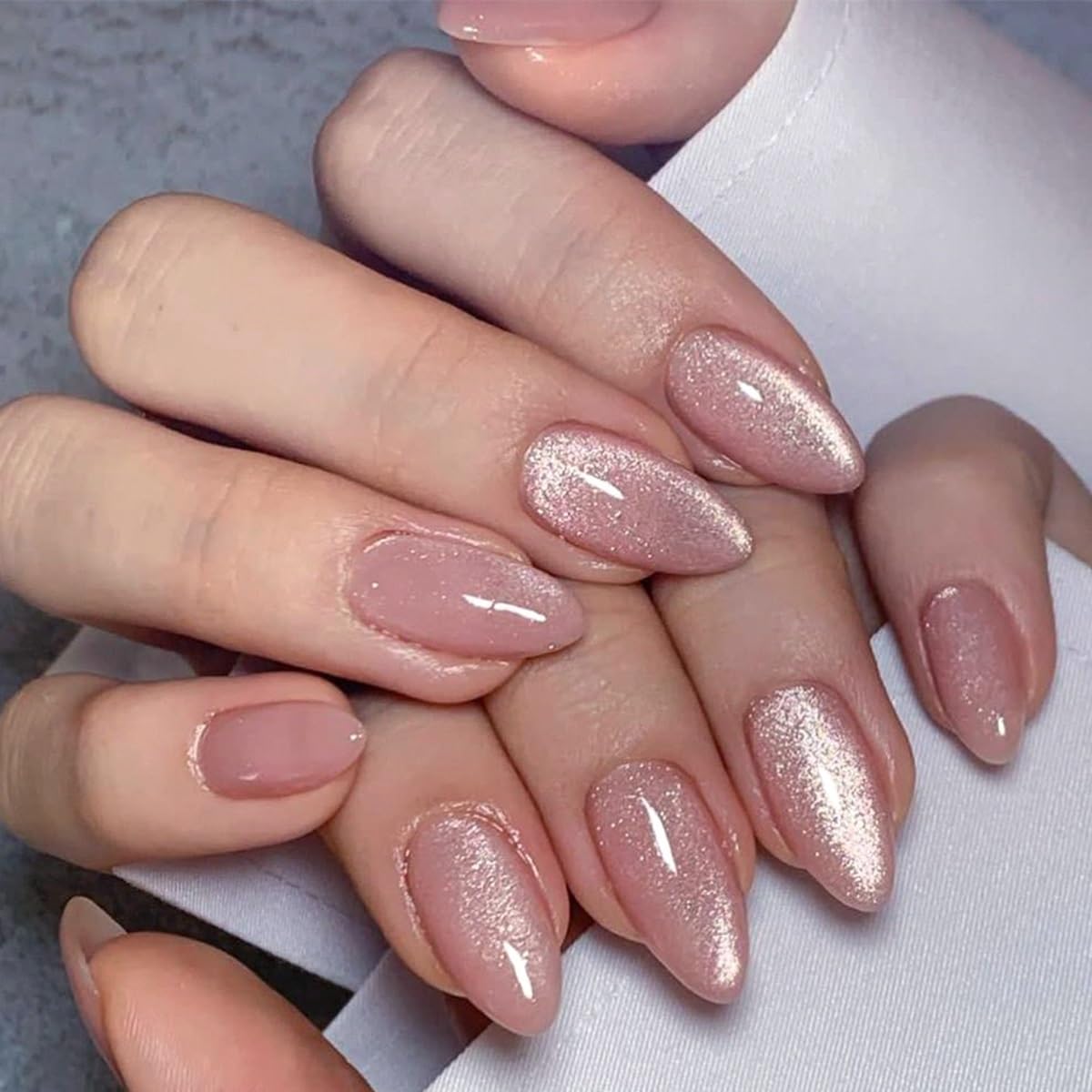 Almond Press on Nails Medium - Pink Fake Nails with Glitter Design - Glossy False Nails Full Cove Stick on - for Women 24 Pcs