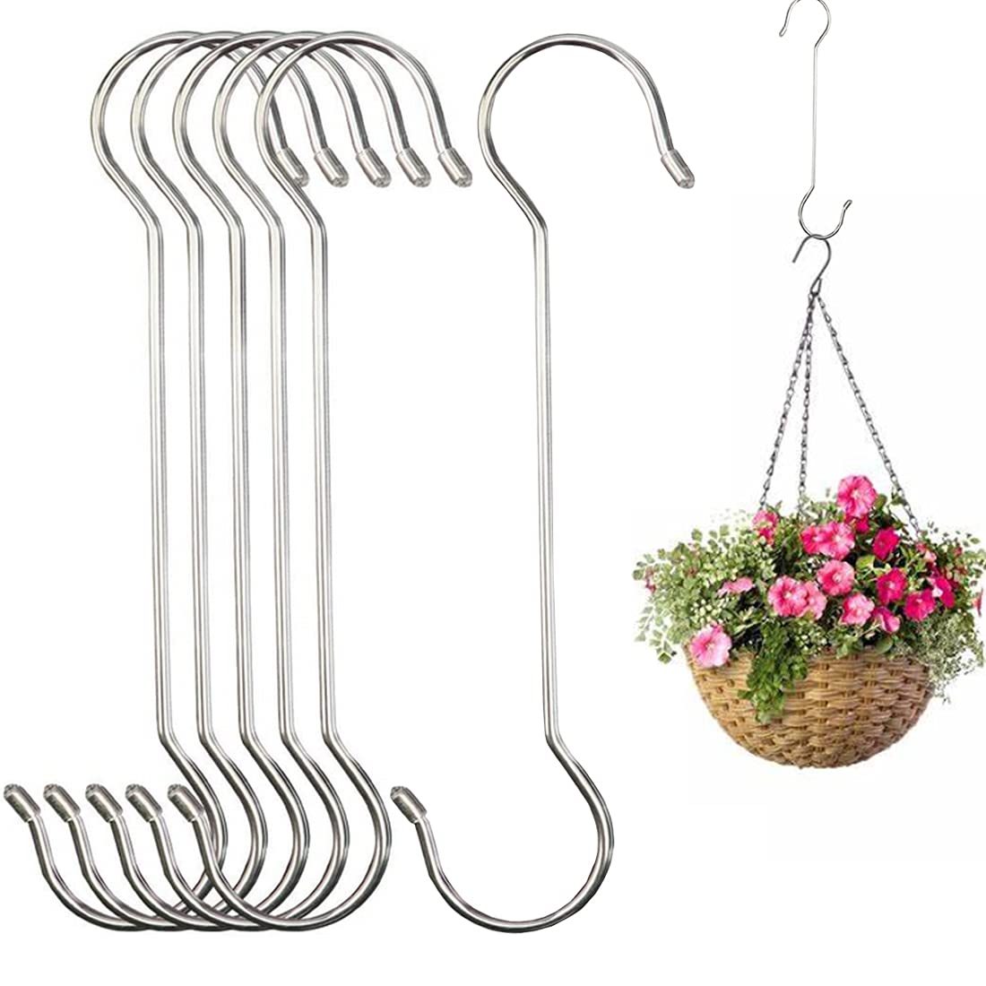 Lchkrep 6 Pack Extra Large Heavy Duty Long Outdoor Plant Hanging S Hooks - for Baskets, Bird Feeders, Wind Chimes, Garden Ornaments,Pergola,Closet,Flower Basket,Indoor Outdoor Uses (12 inch)…