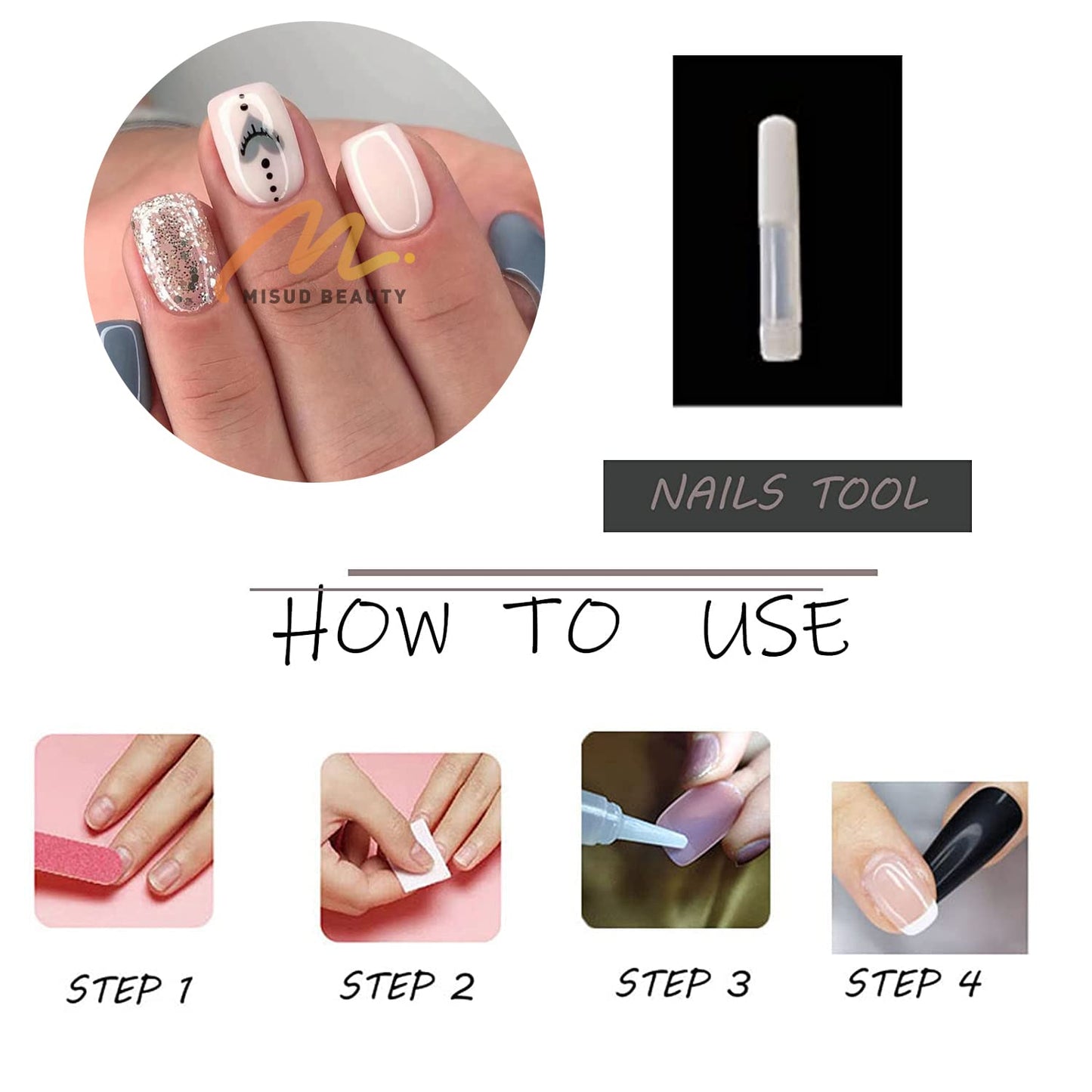 MISUD Press on Nails - Short Square Fake Nails with Gray Blue, Acrylic Bling Glitter Design 24 pcs