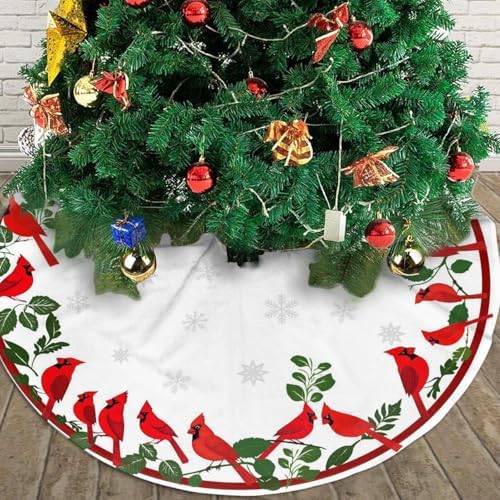 Red Snow Birds Winter Christmas Tree Skirts 30", Xmas Tree Cloth Mats Trees Skirts for Decor Gift, Home Decoration