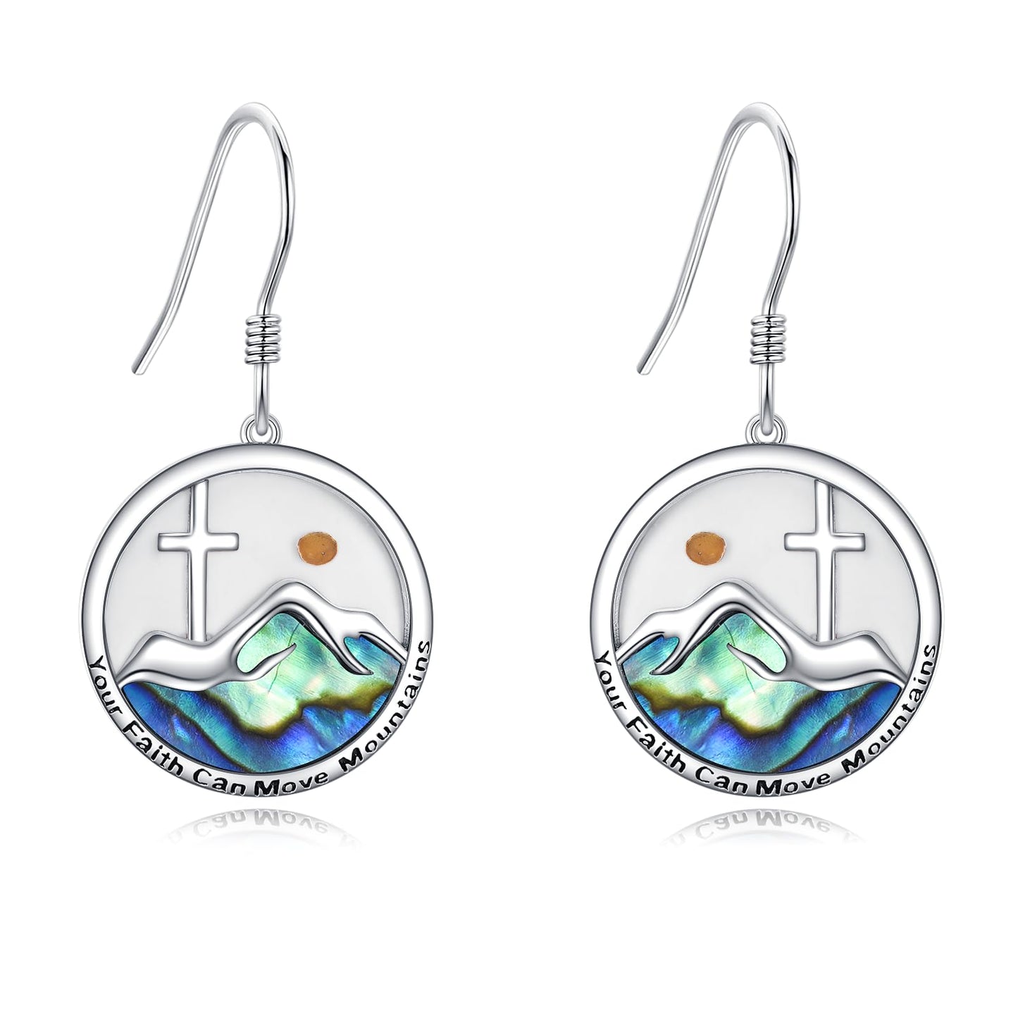 AOBOCO Mustard Seed Cross Earrings 925 Sterling Silver Mountain Dangle Hook Earring Christian Jewelry Gifts for Women(Round Mountain Cross Hooks)