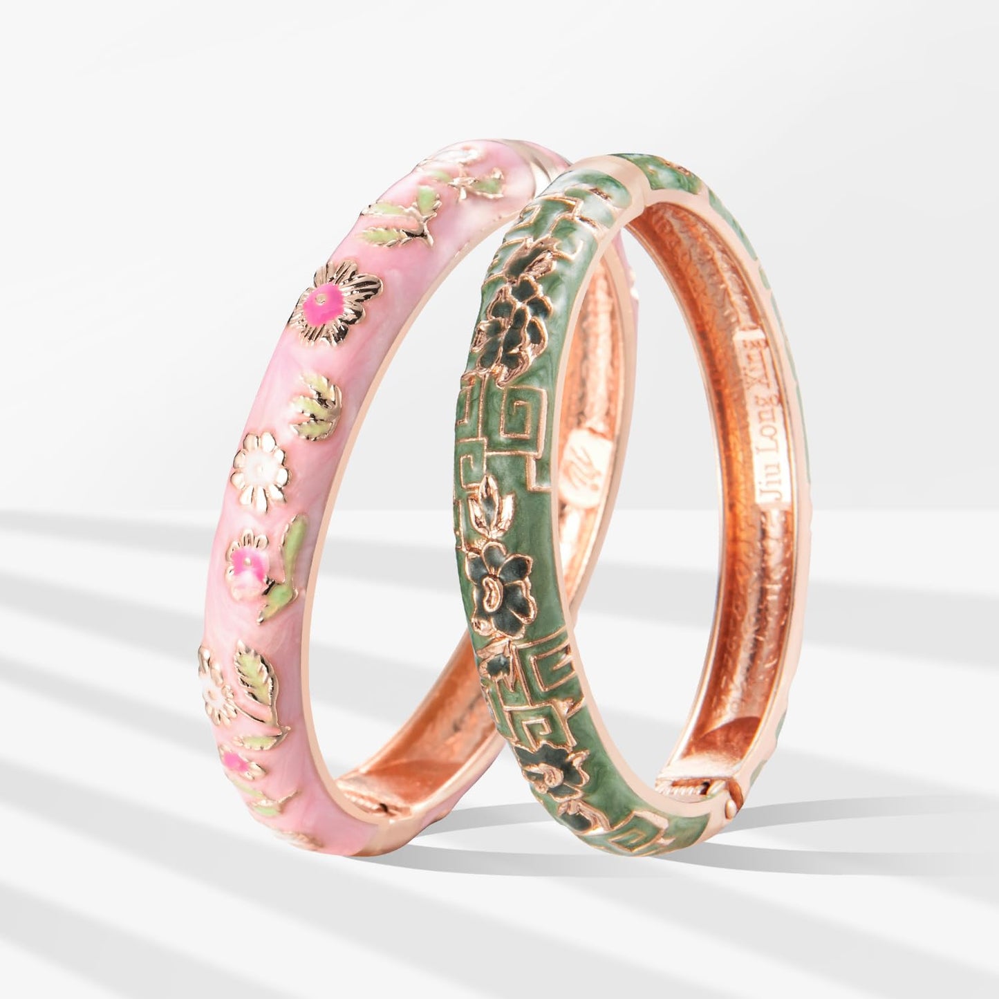 UJOY Gorgeous Bracelets Enameled Floral Cloisonne Gift Plated Cuff Bangles Jewelry Sets Box for Women 55A18-55A114 Pink Green