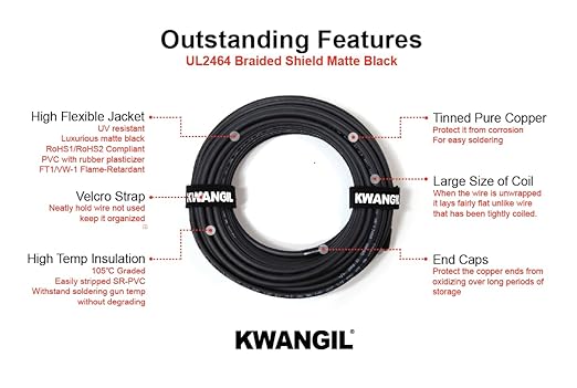 KWANGIL 10C 22AWG AMSB Shielded Cable Wire (UL2464) - Highly Flexible Str TC, PVC Ins, OS+TC BRD, PVC JKT for CNC Machine, Stepper Motor, VFD Spindle (Matte Black 100FT)