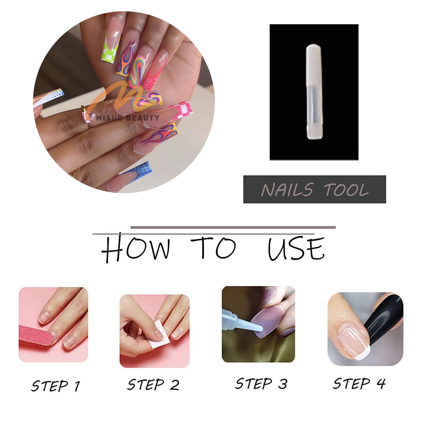 MISUD Press on Nails - Long Square Glue on Nails with Colorful Plaid, Acrylic Checkered Flame Design 24 pcs