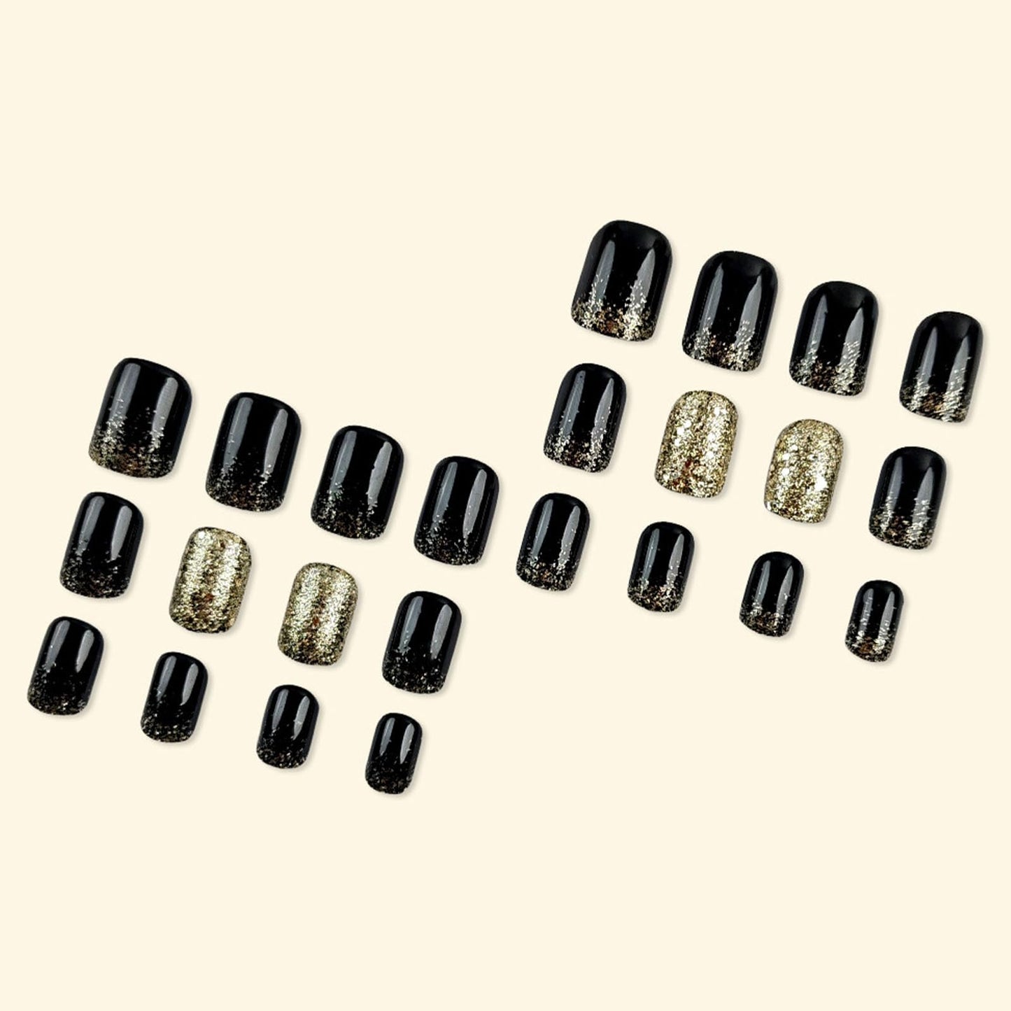 24Pcs Black Press on Nails Square Short Glue on Nails Full Cover Fake Nails Women Nail Press ons with Gold Glitter Designs Acrylic Solid Color Stick on Nails Glossy Artificial Nails