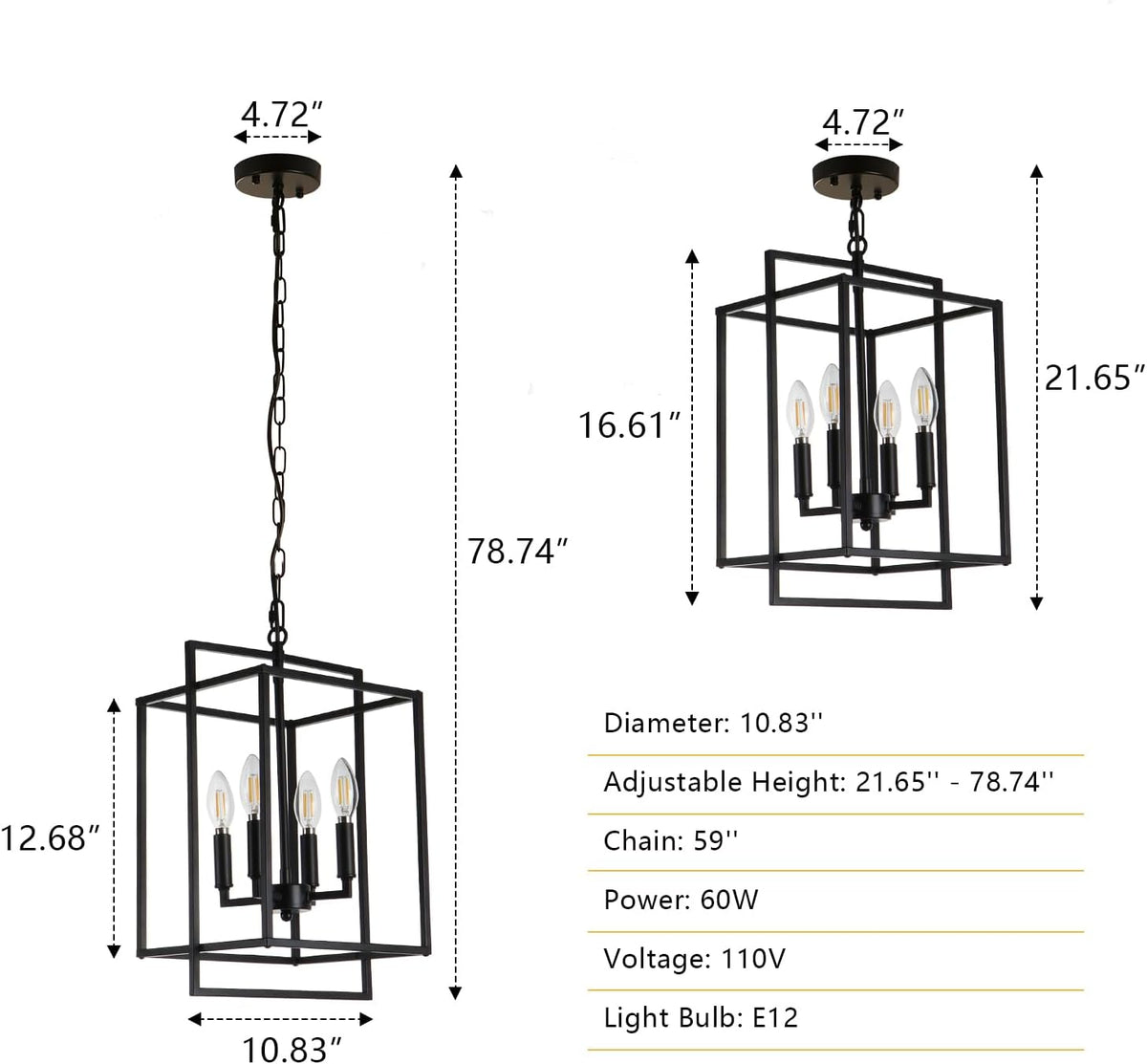 4-Light Vintage Black Chandelier, Foyer Lighting Fixtures Farmhouse Chandeliers for Dining Room, Modern Industrial Lantern Pendant Light for Kitchen Island Entryway Stairway