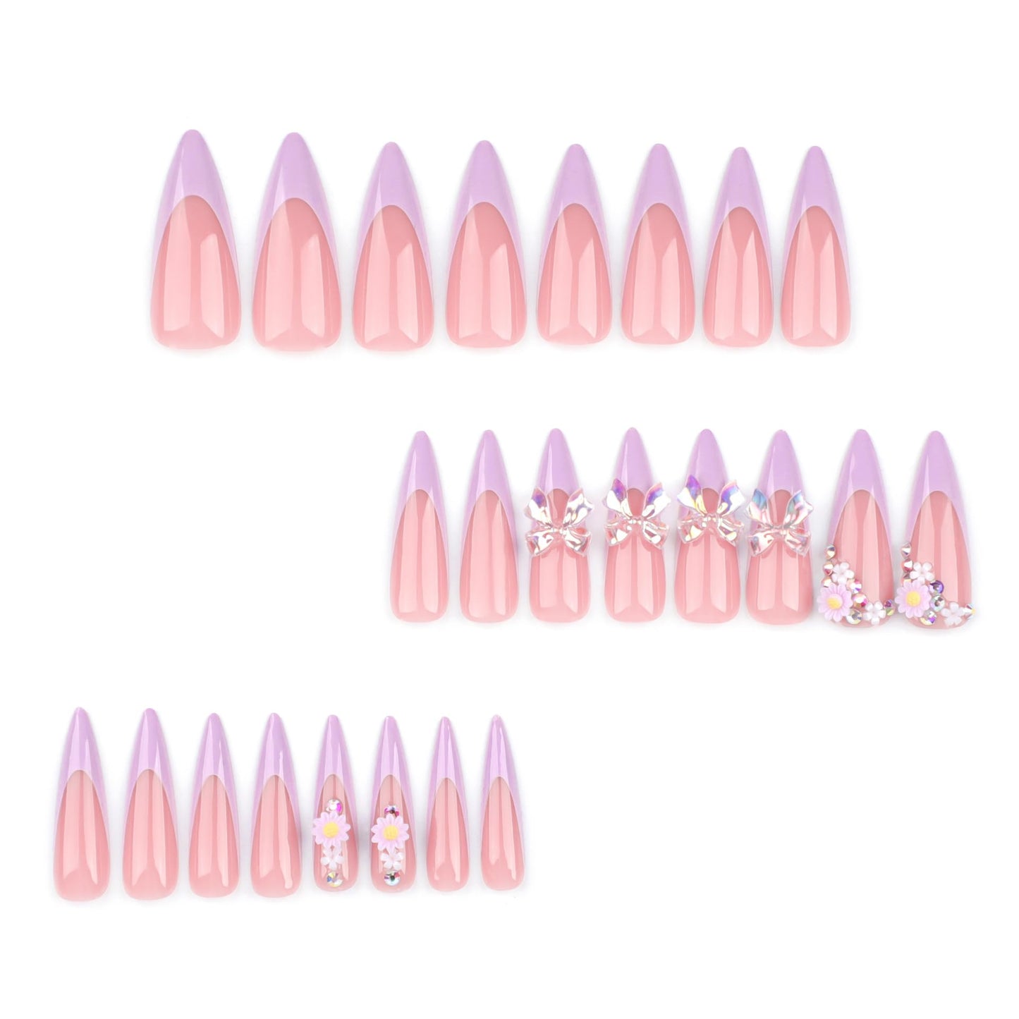IMRAIN Long Press on Nails Stiletto Purple French Fake Nails Tips Full Cover Spring Glossy Artificial Nails Press ons Bow & Flower Stick on False Nails for Women 24Pcs