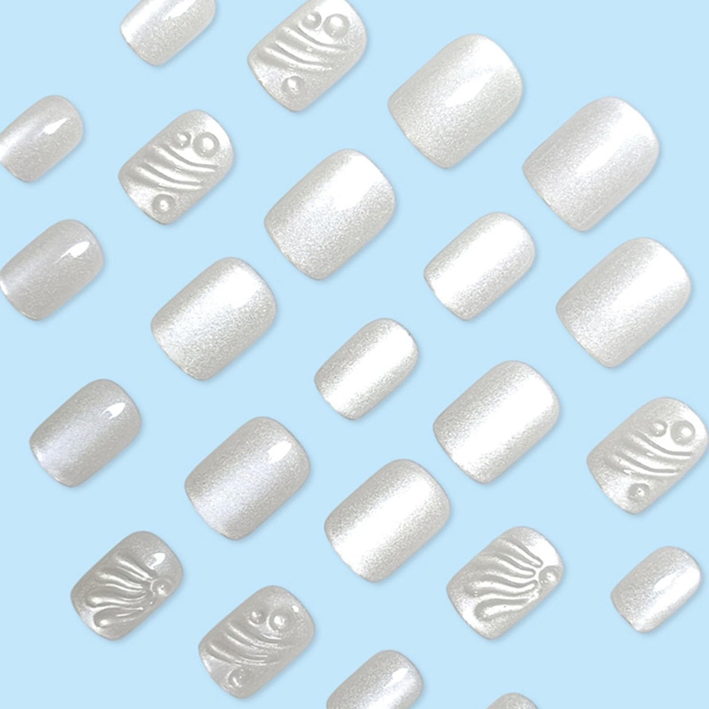Cat Eye Press on Nails Short Square Fake Nails with 3D Lines Water Drop Designs Nails Press ons Silver Glue on Nails Glossy Acrylic Nails Natural Artificial Nails Simple Stick on Nails for Women 24Pcs