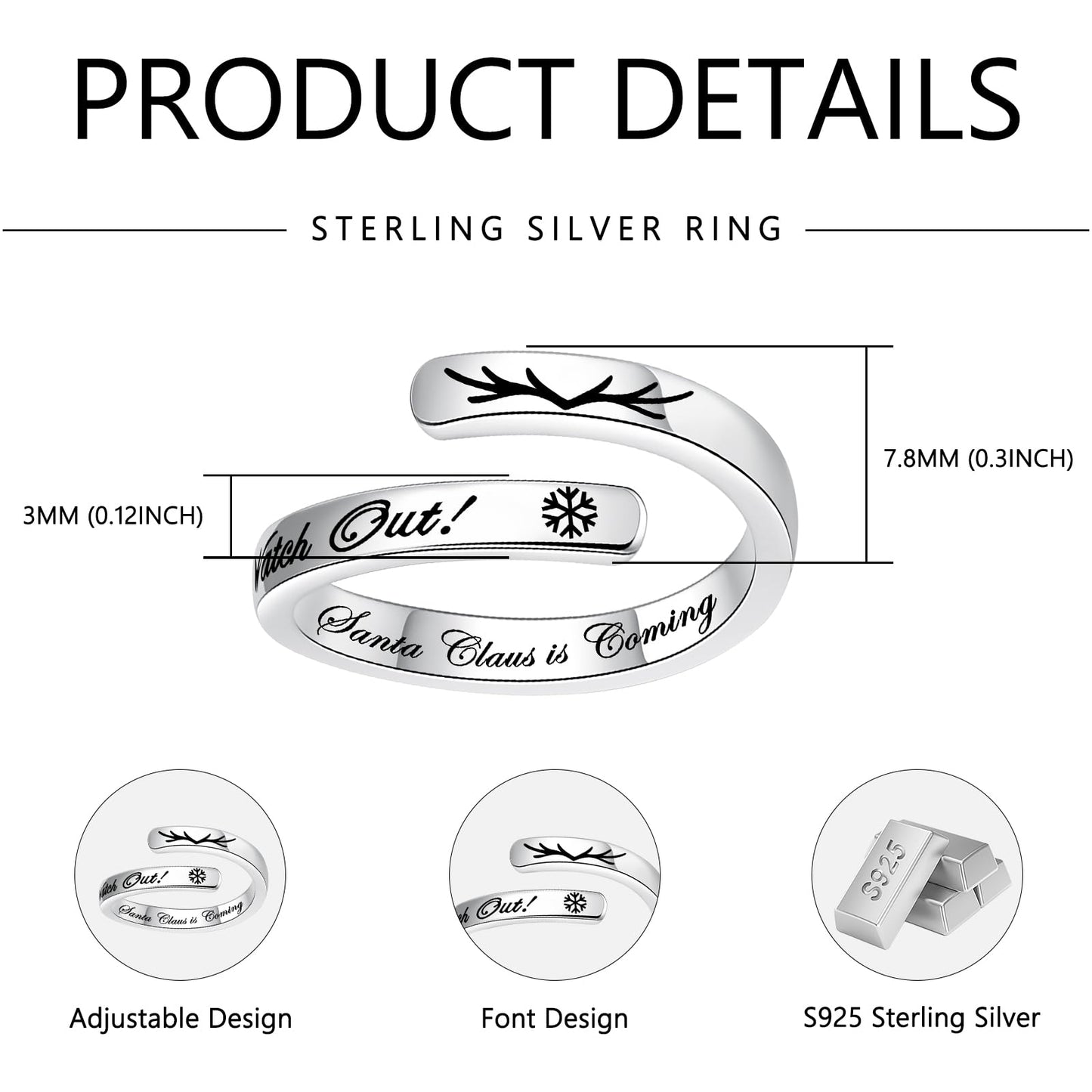 JXJL S925 Sterling Silver Inspirational Jewelry Rings Adjustable Ring Personality Encouragement Gift for Teens Women