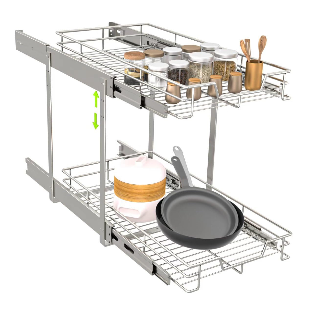 EZKAZA Pull Out Cabinet Organizer 9.5" W x 21" D, 2-Tier Kitchen Cabinet Pullout Shelf and Drawer Organizer Slide Out Pantry Storage Basket, 8.2" W x 21" D x 2.4" H for Bottom Basket Size