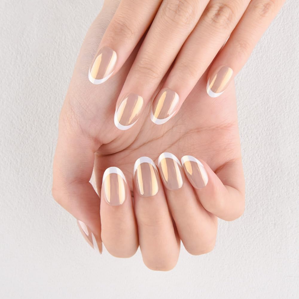 evpct French Tip Press On Nails Short Round Oval No Glue, Nude White Tips, Chrome Glazed Short Round Oval Fake False Press on Nails, Reusable Soft Stick on nail Press ons with Nail Kit, Salon-quality