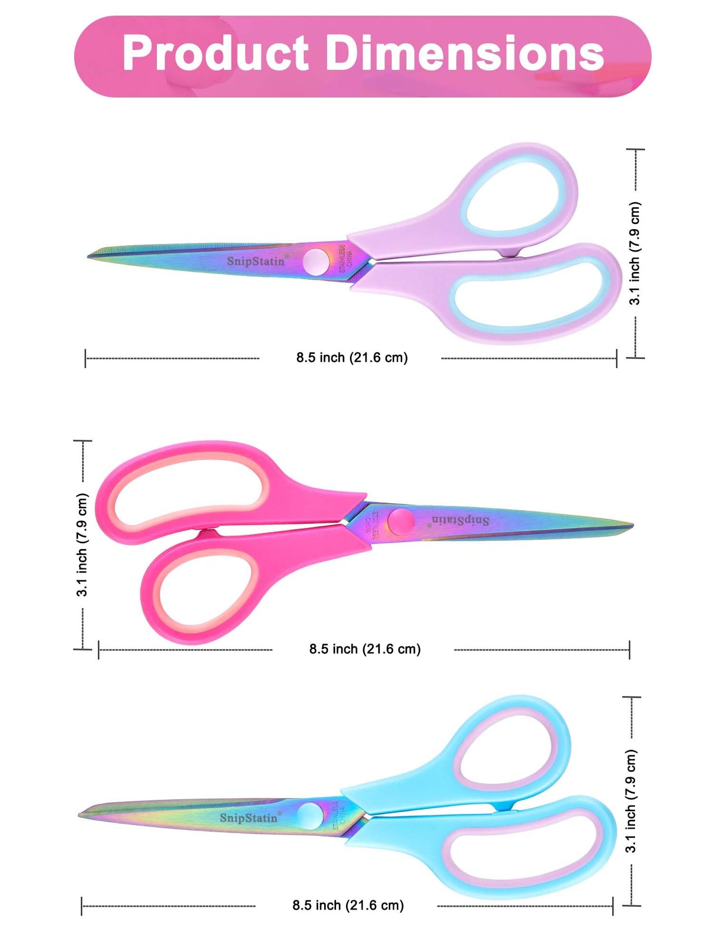 SnipStation 8.5" Multipurpose Office Scissors Heavy Duty, Titanium Coating Sharp Blades, Ergonomic Semi-Soft Rubber Grip, Scissors All Purpose for Sewing, School, Fabric, Art Craft Supplies, 3-Pack